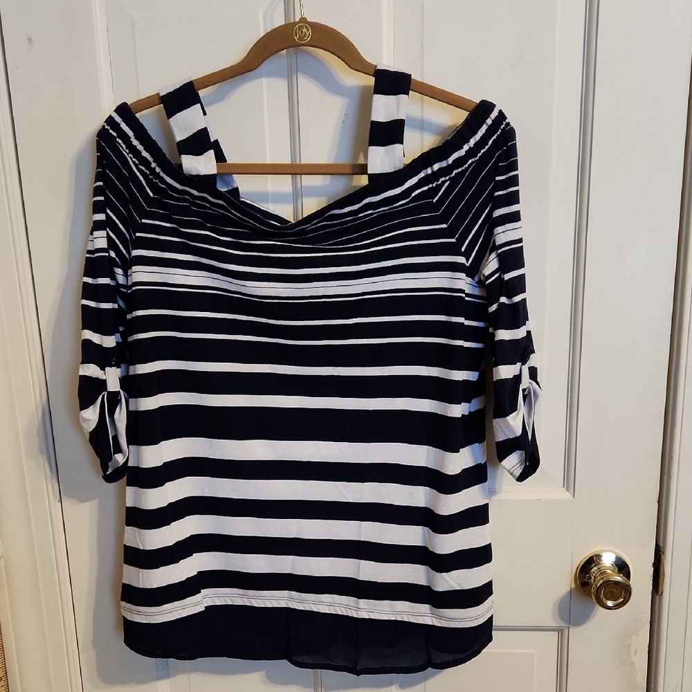 Chico's Navy and White Striped Top Off The Shoulder